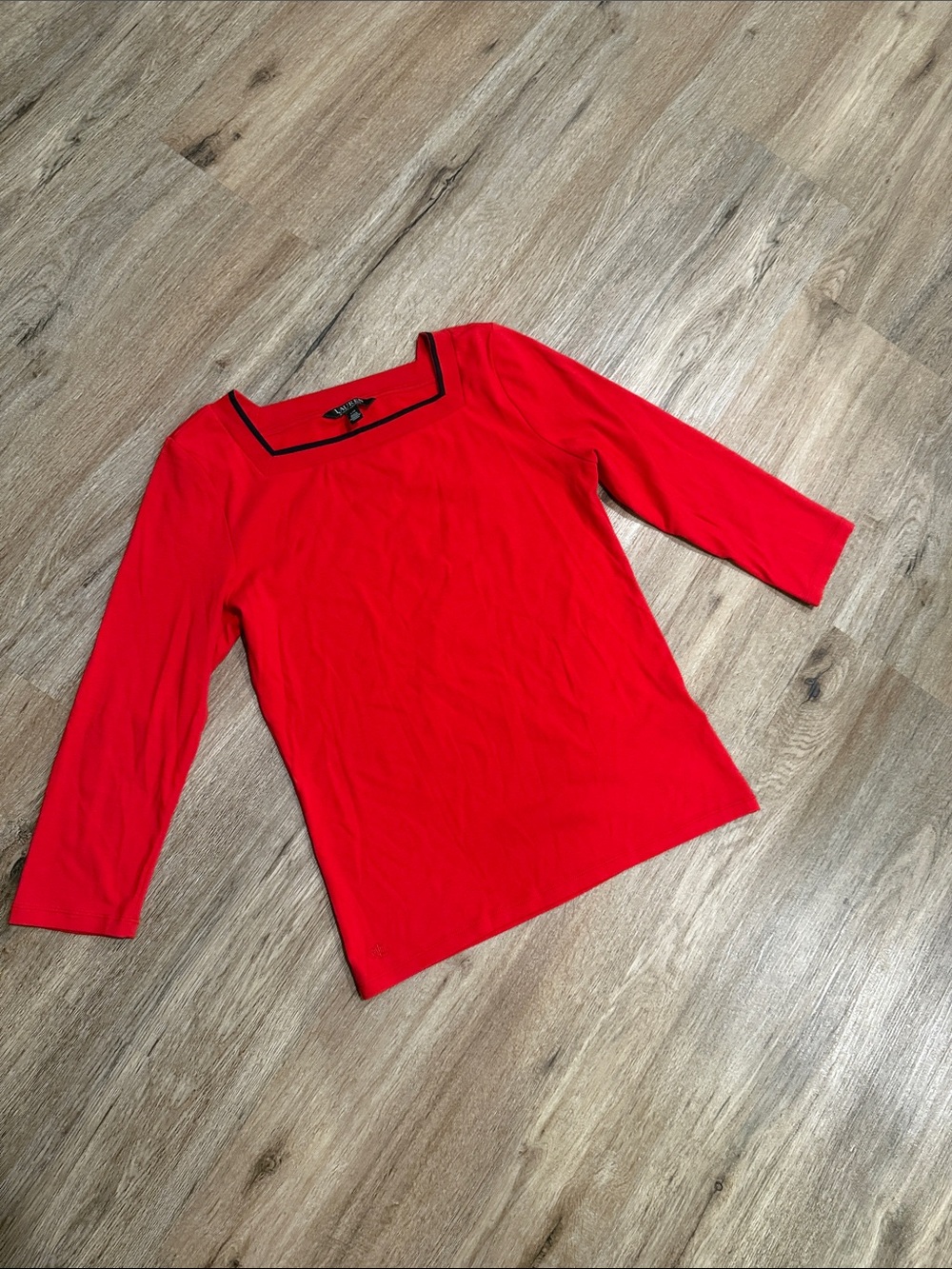 Lauren Ralph Lauren Red 3/4-Sleeve Top with Navy Trim Square Neck